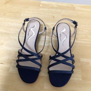 Women’s Navy Satin With Crystals Wedge Sandals